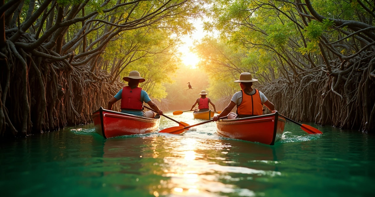 Grupo em canoas coloridas explorando manguezal no sul da Bahia ao amanhecer