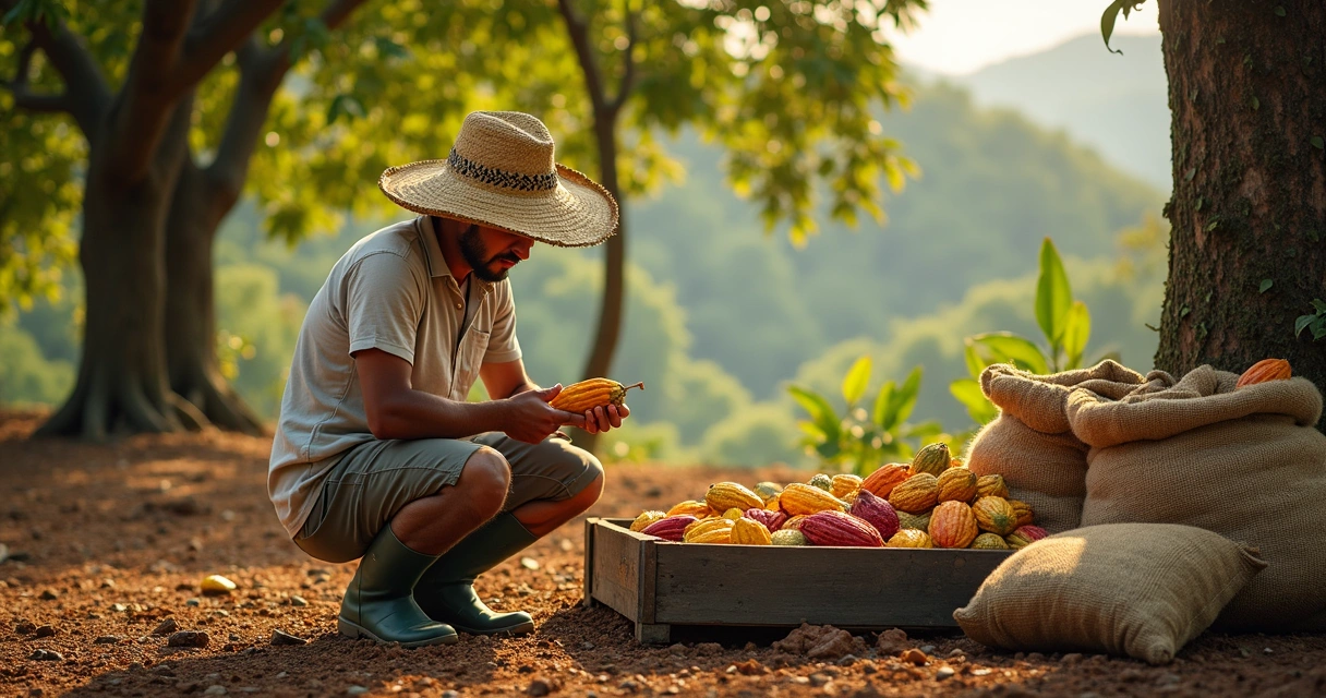 Trabalhador colhendo frutos de cacau maduros em fazenda sombreada no sul da Bahia