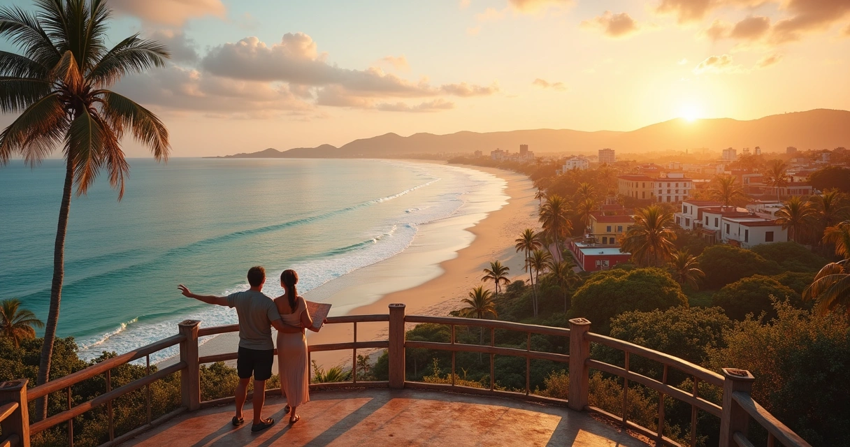 Vista de mirante em Ilhéus com praia, cidade e coqueiros ao pôr do sol