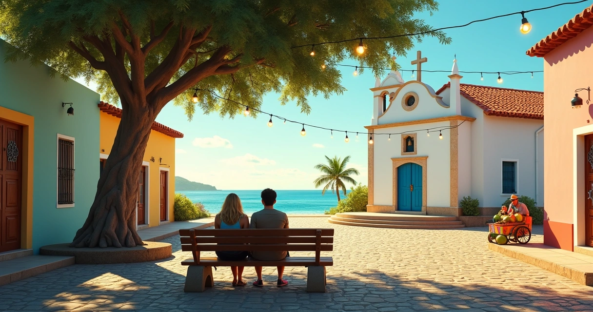 Praça de vilarejo no sul da Bahia com casario colorido e igreja ao fundo