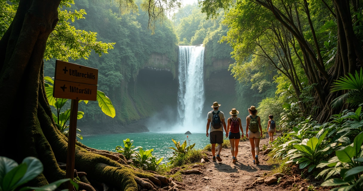 Trilha em floresta tropical levando a uma cachoeira no sul da Bahia