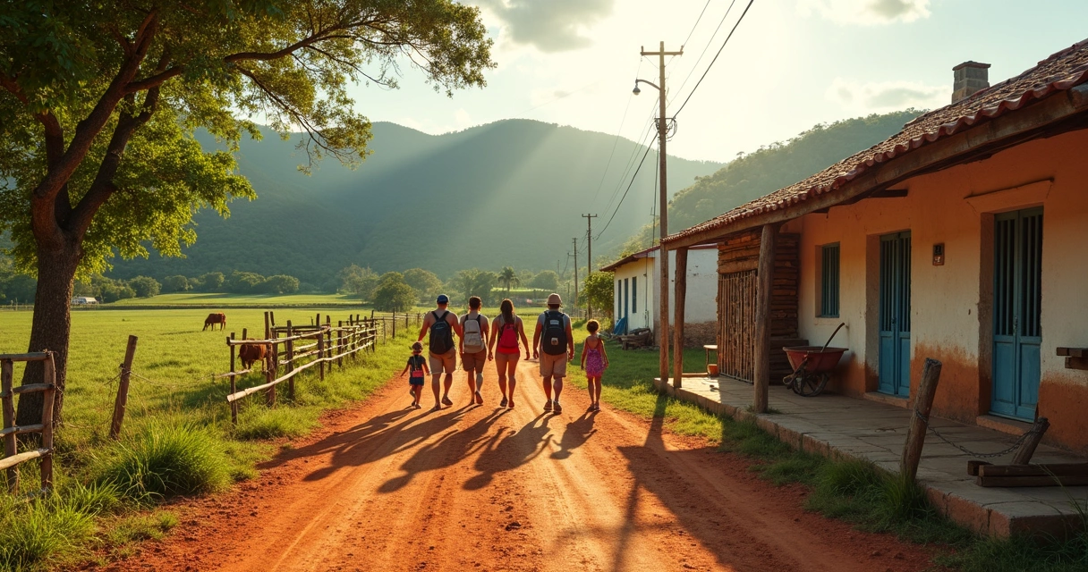 Grupo em caminhada por estrada de terra ao lado de curral e fazenda no sul da Bahia