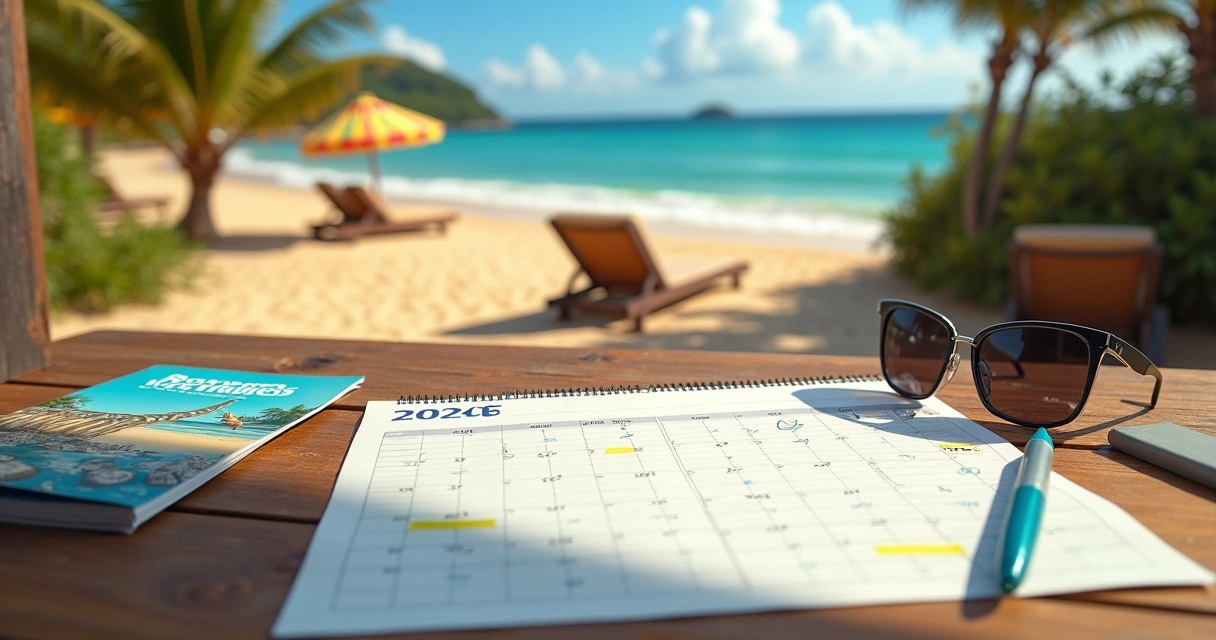 Calendário de viagens apoiado em mesa de madeira com vista para praia ensolarada em Ilhéus