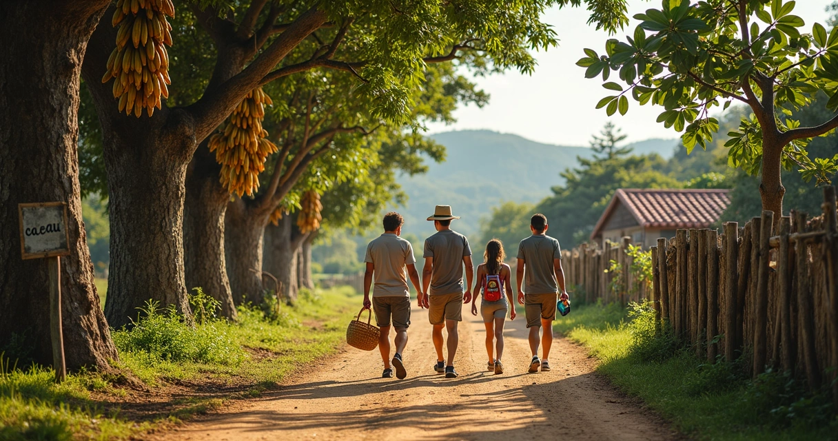 Familia caminhando entre pés de cacau em fazenda rural em Ilhéus