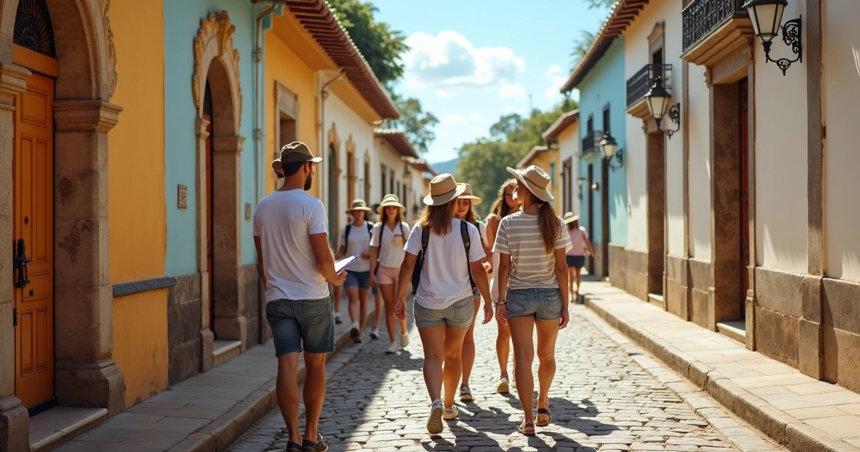 Grupo de turistas em caminhada guiada pelo centro histórico de Ilhéus na Bahia