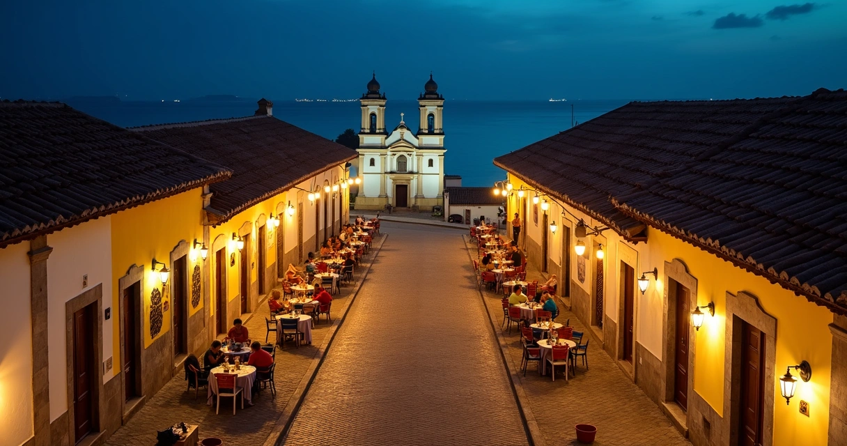 Centro histórico de Ilhéus iluminado à noite com bares e pessoas caminhando