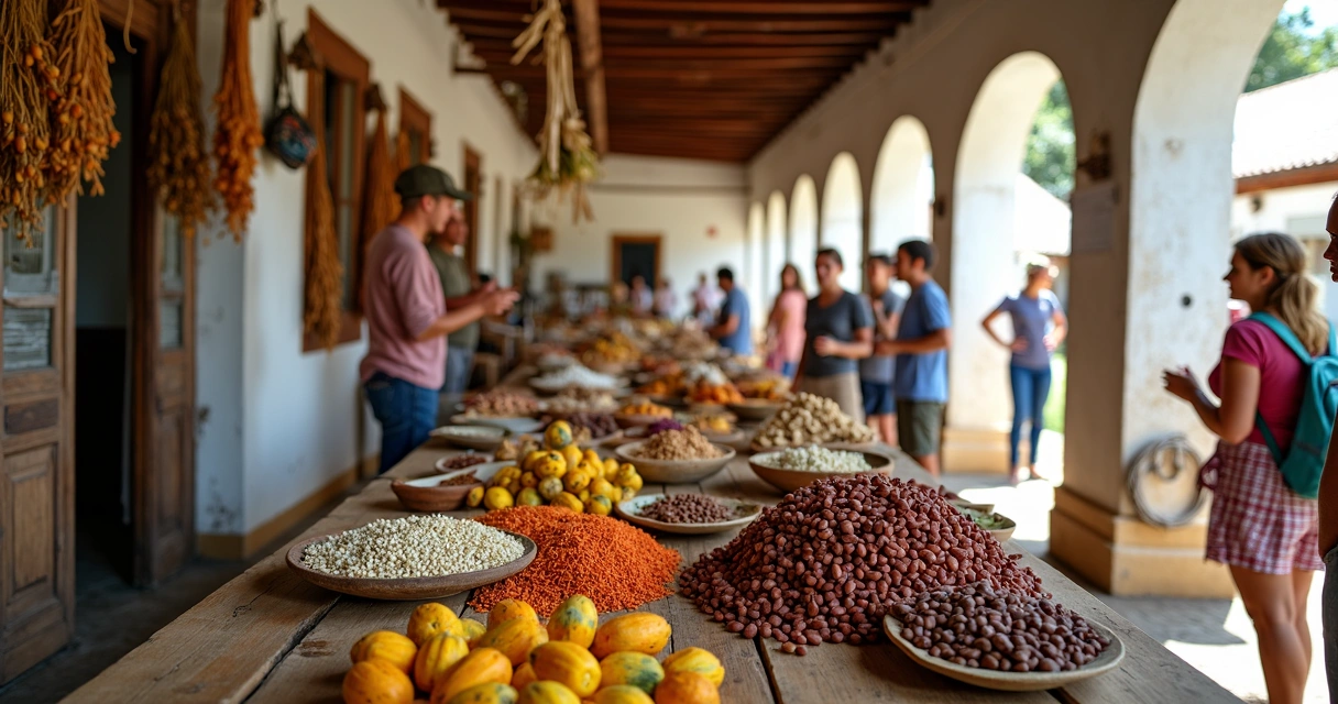 Bancas de cacau e artesanato em mercado tradicional de Ilhéus na Bahia