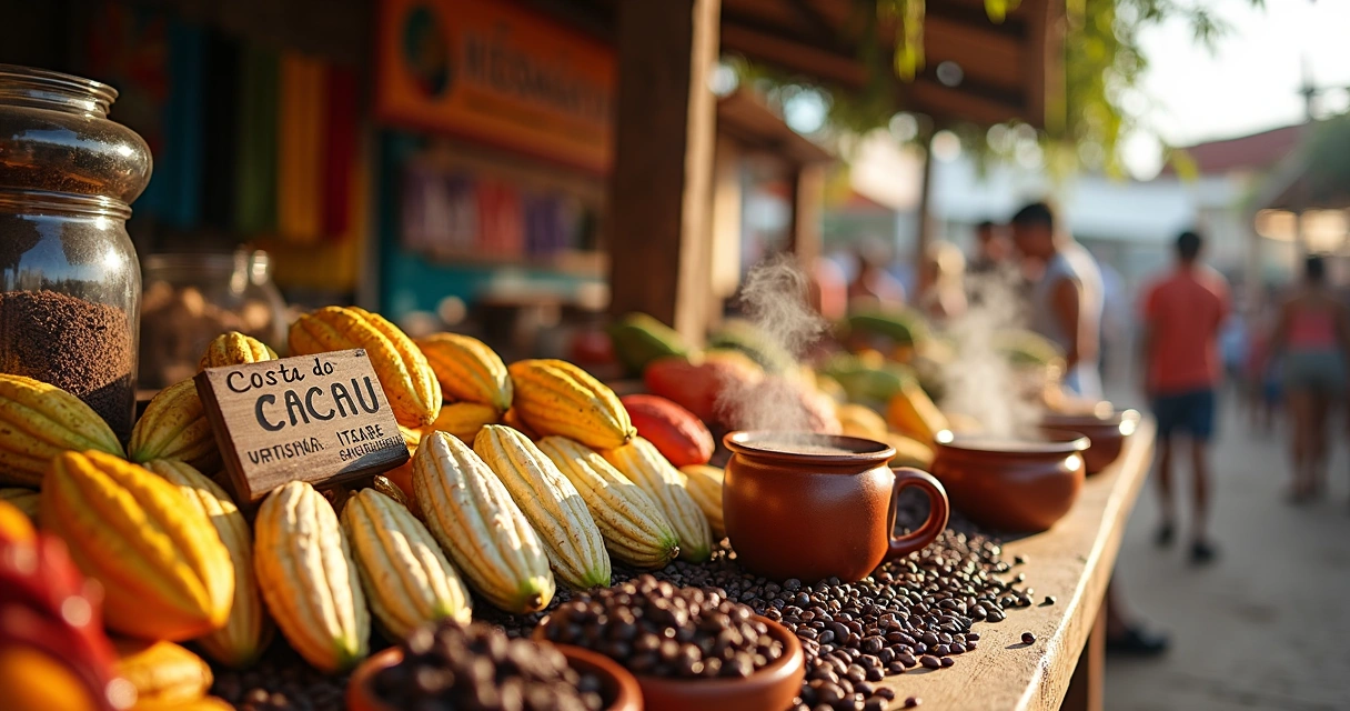 Banca de frutos de cacau em mercado típico no sul da Bahia