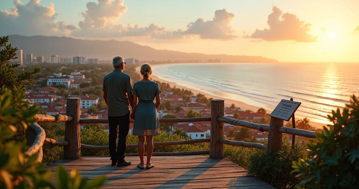 Casal observa ilhéus de mirante com mar ao fundo