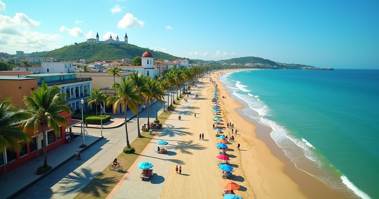 Calçadão da orla de Ilhéus visto de cima com mar azul e centro histórico ao fundo