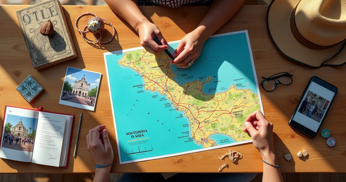 Turista organiza viagem cultural pelo sul da Bahia com mapa e objetos típicos sobre a mesa