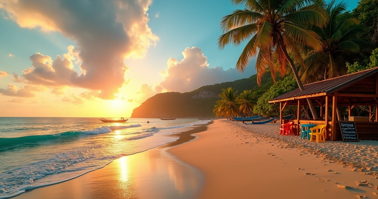 Praia na Costa do Cacau em Ilhéus ao entardecer com coqueiros e mar calmo