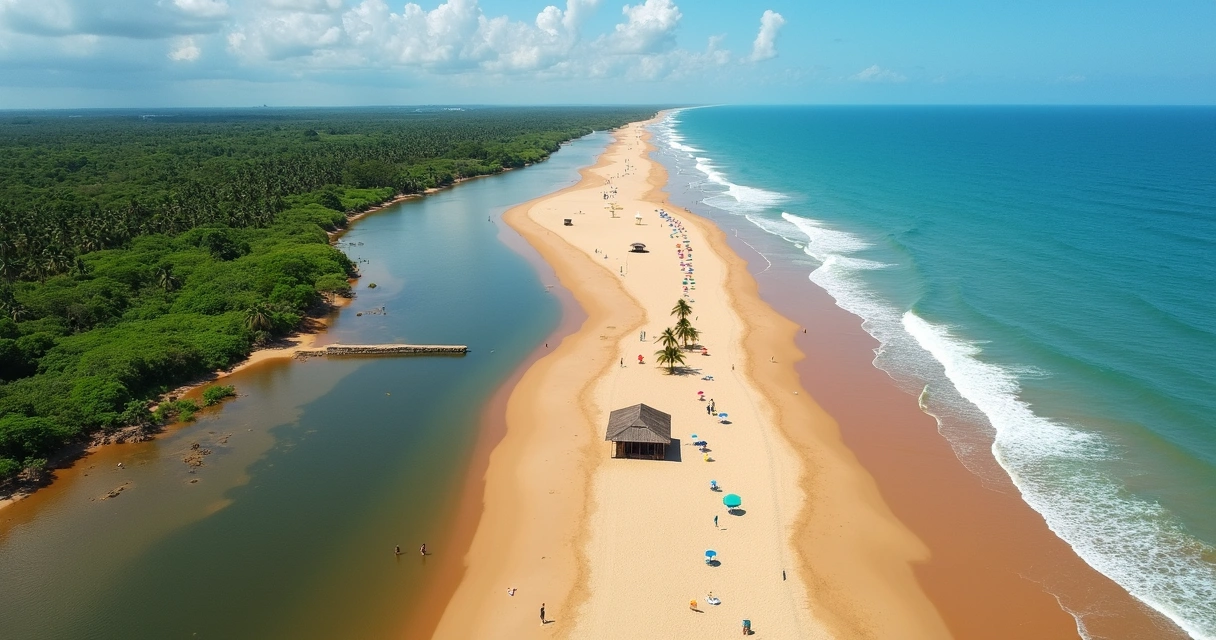 Encontro do rio com o mar na Praia do Cururupe em Ilhéus visto de cima