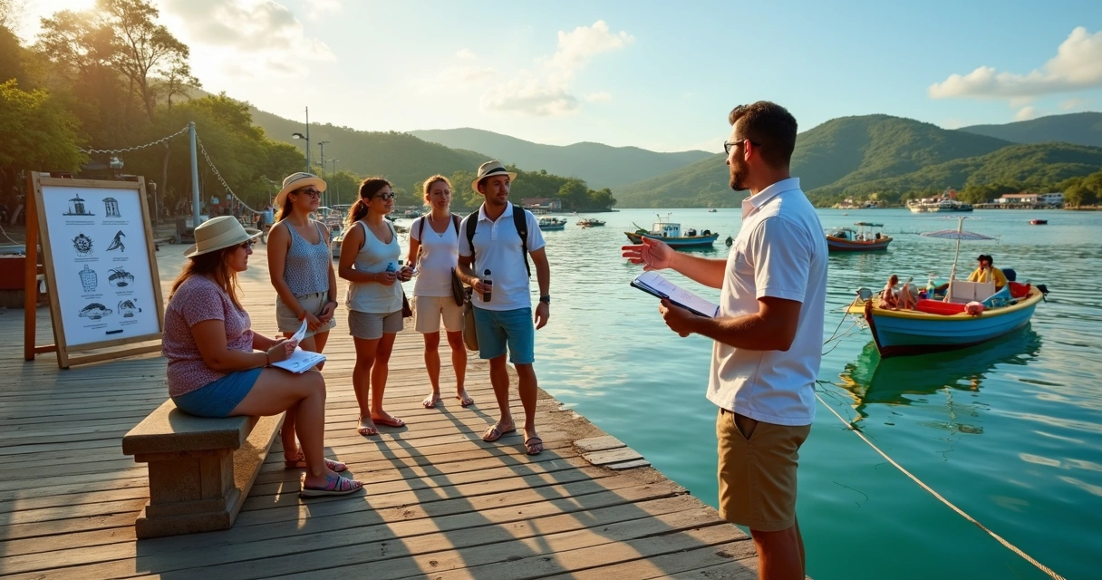 Guia de turismo em Ilhéus explicando roteiro para pequeno grupo à beira de baía com barcos