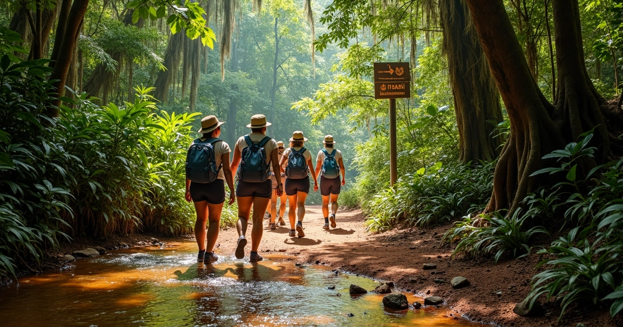 Trilha em mata atlântica preservada próxima a Ilhéus com turistas e riacho