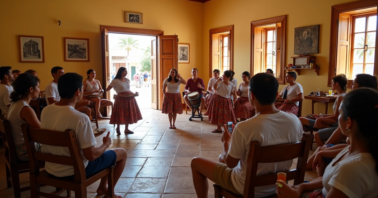 Turistas observam apresentação cultural em casa histórica no sul da Bahia