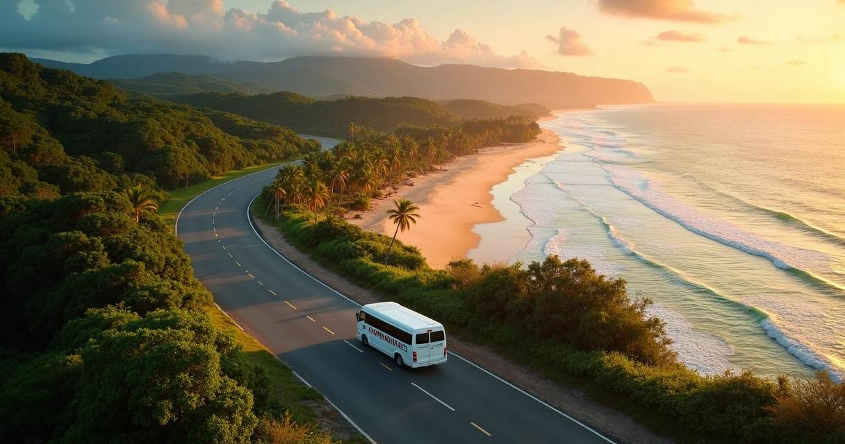 Van de turismo em estrada costeira em Ilhéus vista de cima