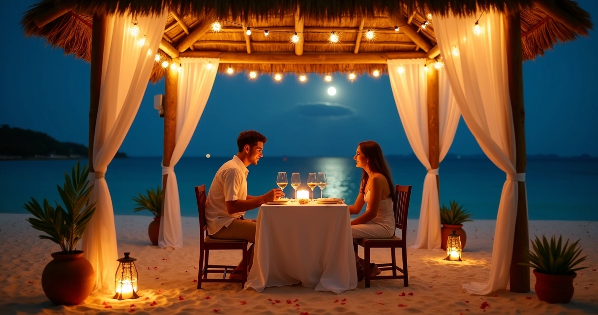 Casal em lua de mel jantando à luz de velas em cabana pé na areia à noite