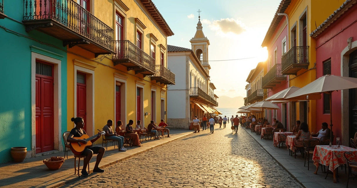 Quadrado cultural com artistas de rua e casarões históricos em Ilhéus