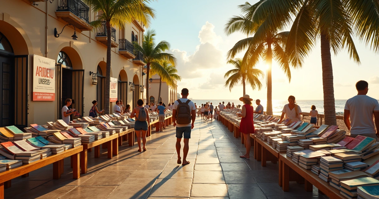 Feira de livros ao ar livre em Ilhéus com vista para o mar