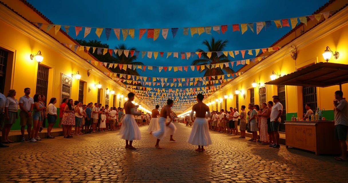 Roda de capoeira em rua enfeitada com bandeirinhas coloridas em Ilhéus à noite
