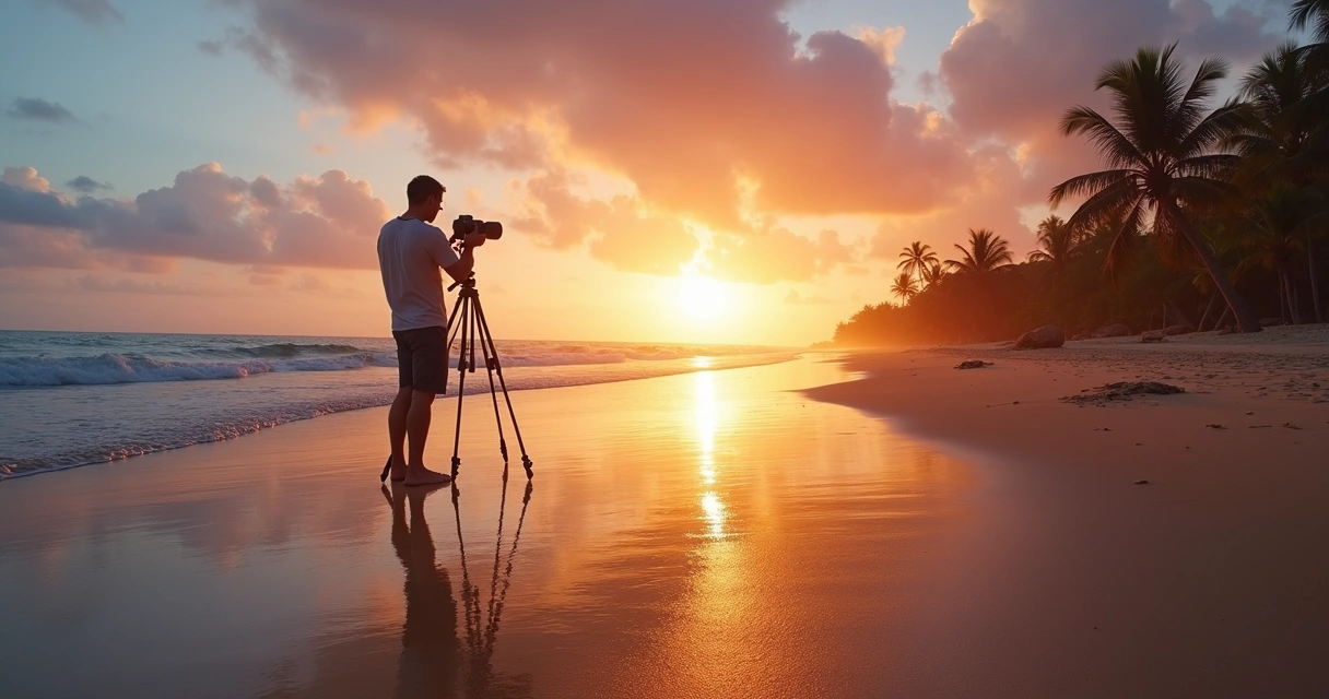 Fotógrafo com tripé na areia registrando o amanhecer na praia.