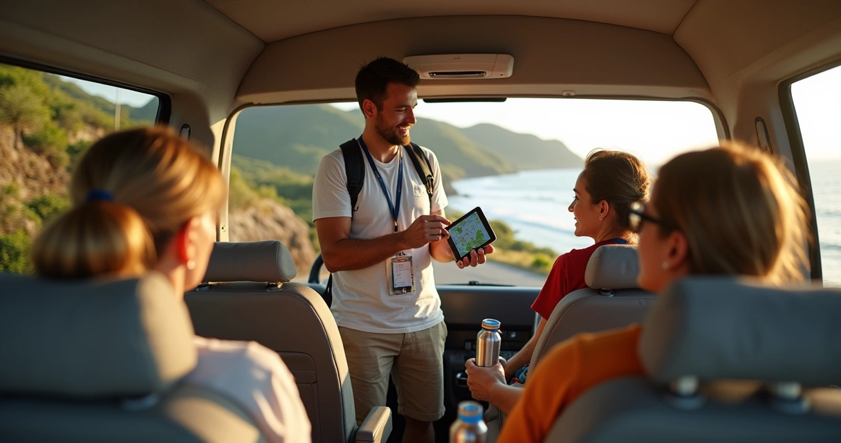 Guia local mostrando roteiro privativo em tablet para turistas dentro de van confortável
