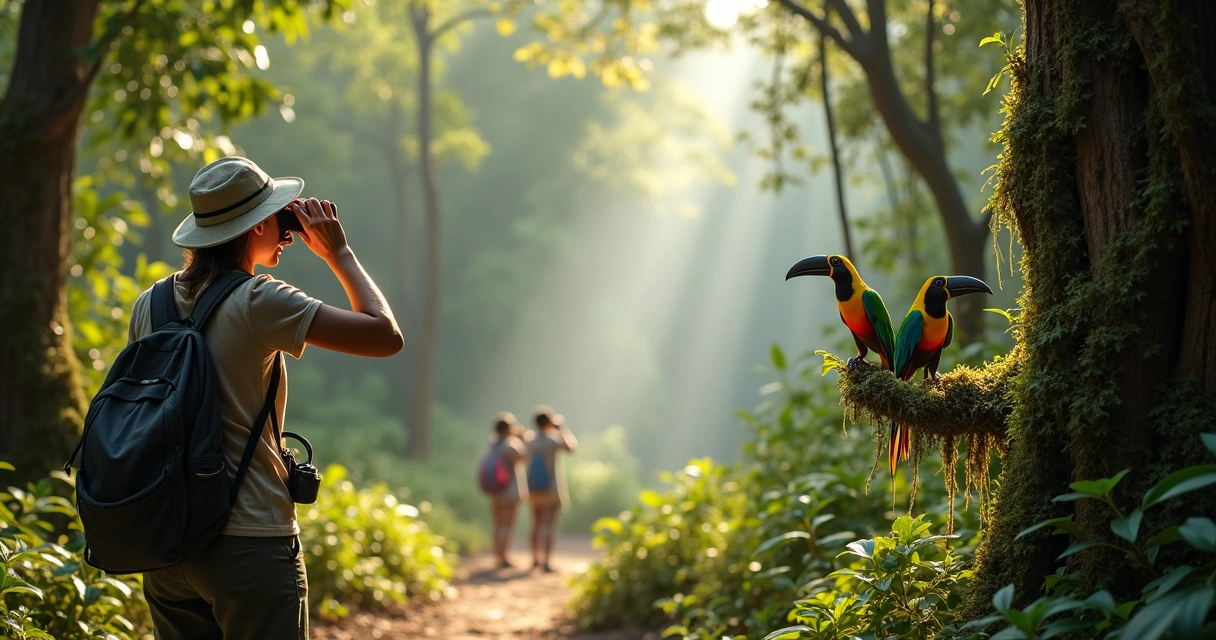 Turista com binóculos observa aves coloridas em clareira de mata atlântica