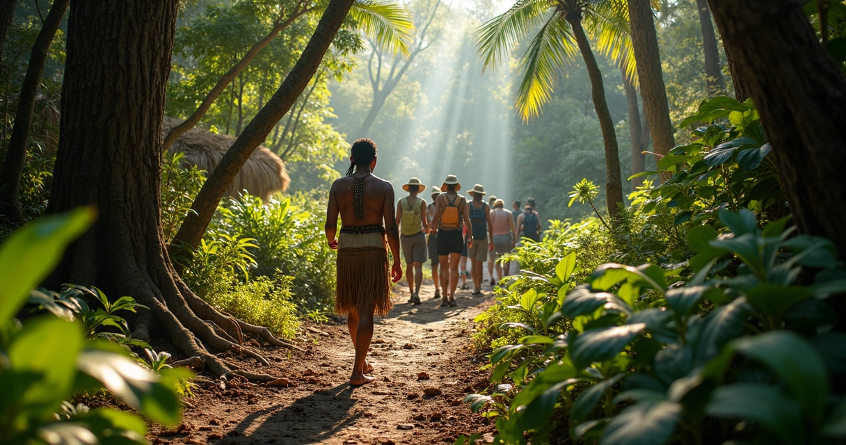 Visitantes caminhando com guia indígena por trilha em mata atlântica no sul da Bahia