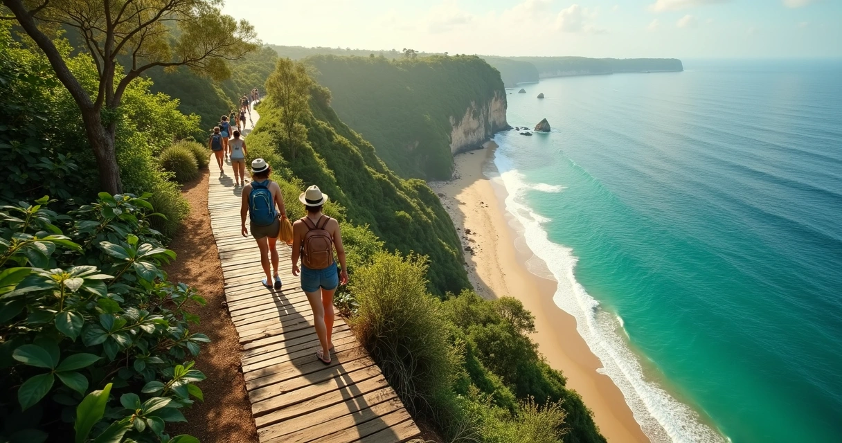 Turistas caminhando em trilha ecológica com mar ao fundo no sul da Bahia