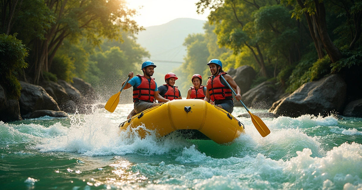 Grupo em bote de rafting descendo corredeira em rio cercado por mata atlântica
