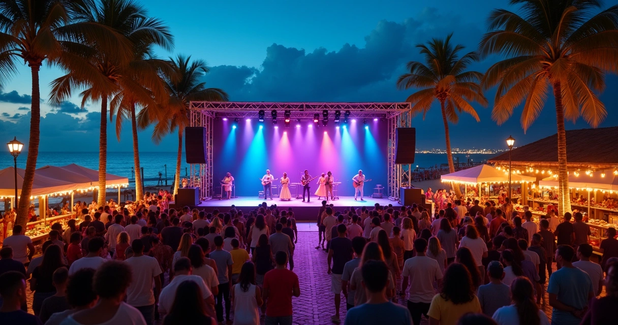 Palco de show iluminado na Orla de Ilhéus com público apreciando apresentação cultural noturna