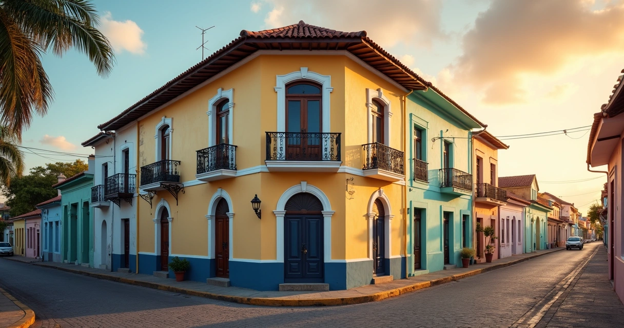 Casarão histórico colorido em rua de paralelepípedo de Ilhéus ao entardecer