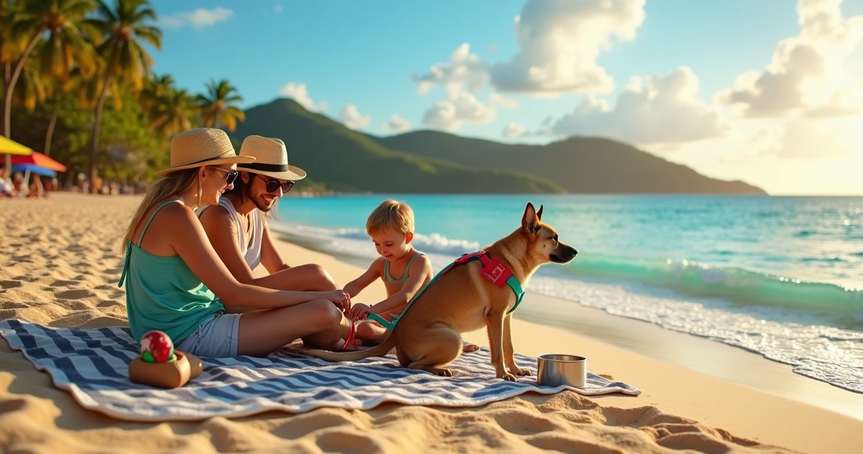 Família com cachorro na areia de praia tropical em Ilhéus ao pôr do sol