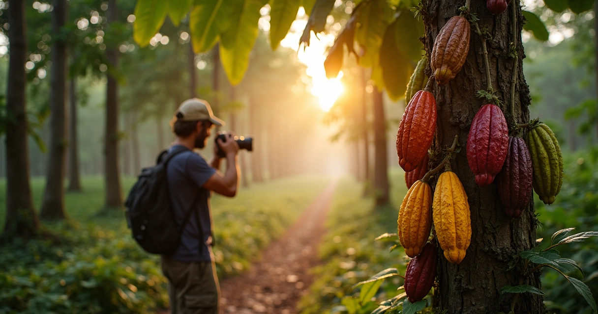 Fotógrafo registrando árvore de cacau com frutos coloridos em fazenda sombreada