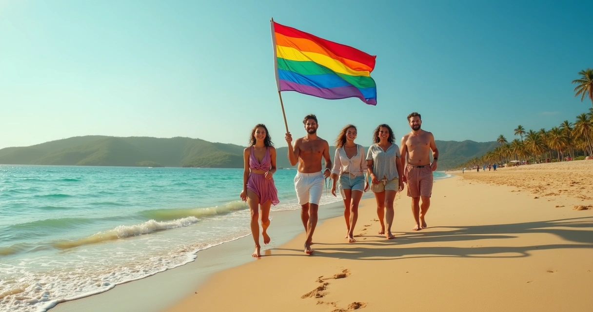 Grupo LGBTQIA+ caminhando em praia de Ilhéus com bandeira colorida