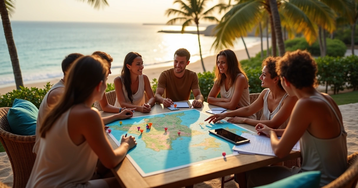 Grupo de turistas reunido em terraza à beira-mar planejando roteiro em Ilhéus