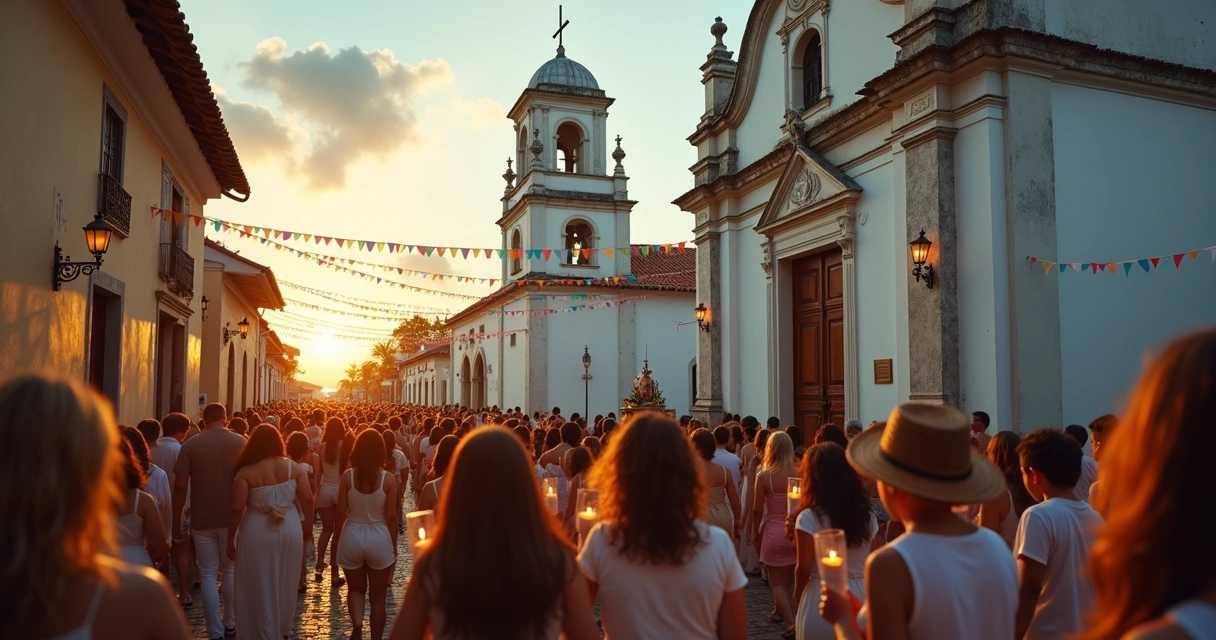 Procissão religiosa ao entardecer em frente a igreja histórica no sul da Bahia