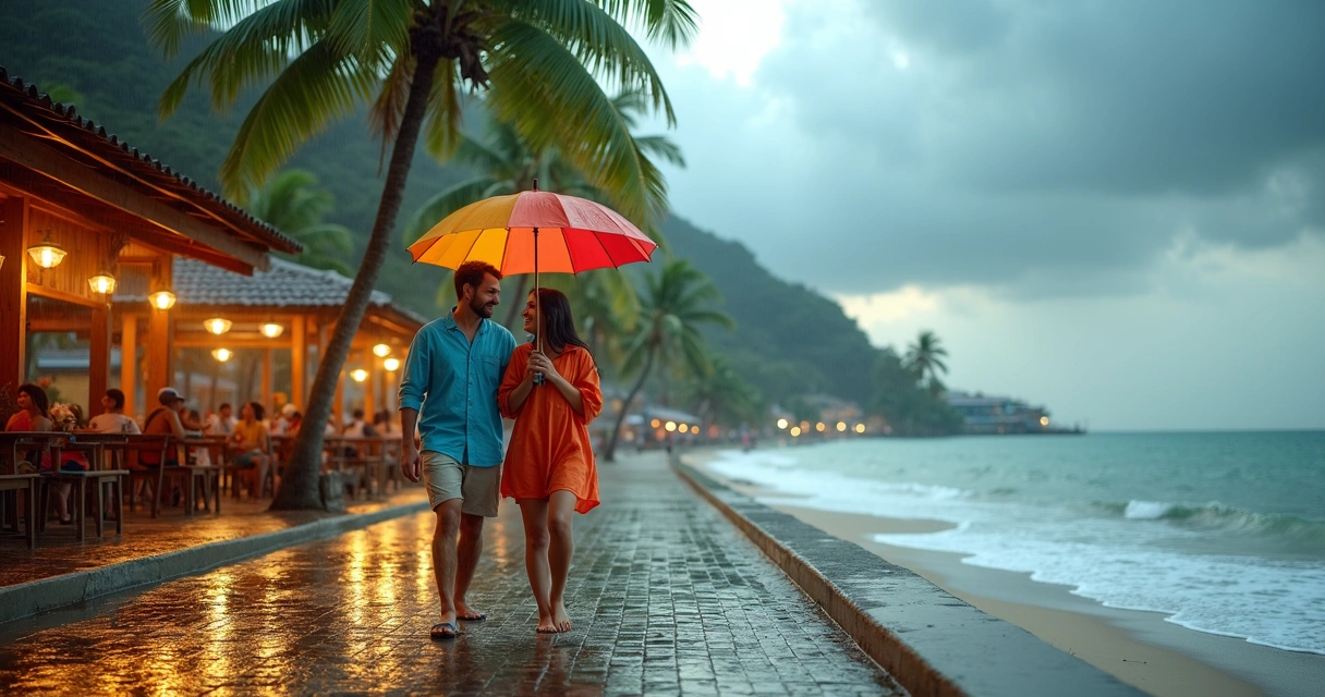 Turistas caminhando com guarda-chuva colorido em calçadão de praia de Ilhéus em dia chuvoso