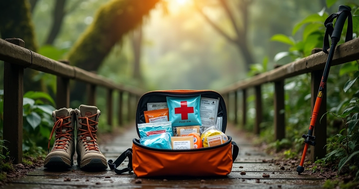 Kit de primeiros socorros aberto sobre mochila de trilha em mata tropical úmida