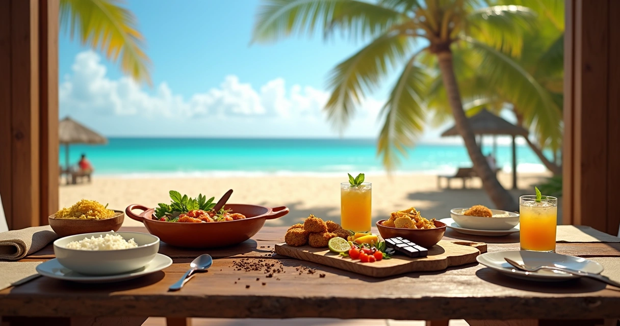 Mesa com pratos típicos baianos e chocolates de cacau em frente a janela com vista do mar azul