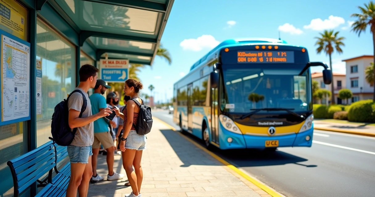 Turistas esperando ônibus urbano colorido em ponto de ônibus de Ilhéus