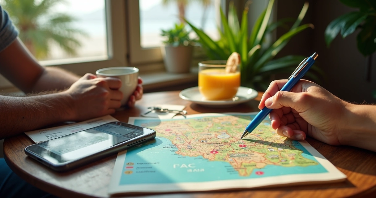 Turista calculando gastos em mapa de Ilhéus sobre mesa de café simples