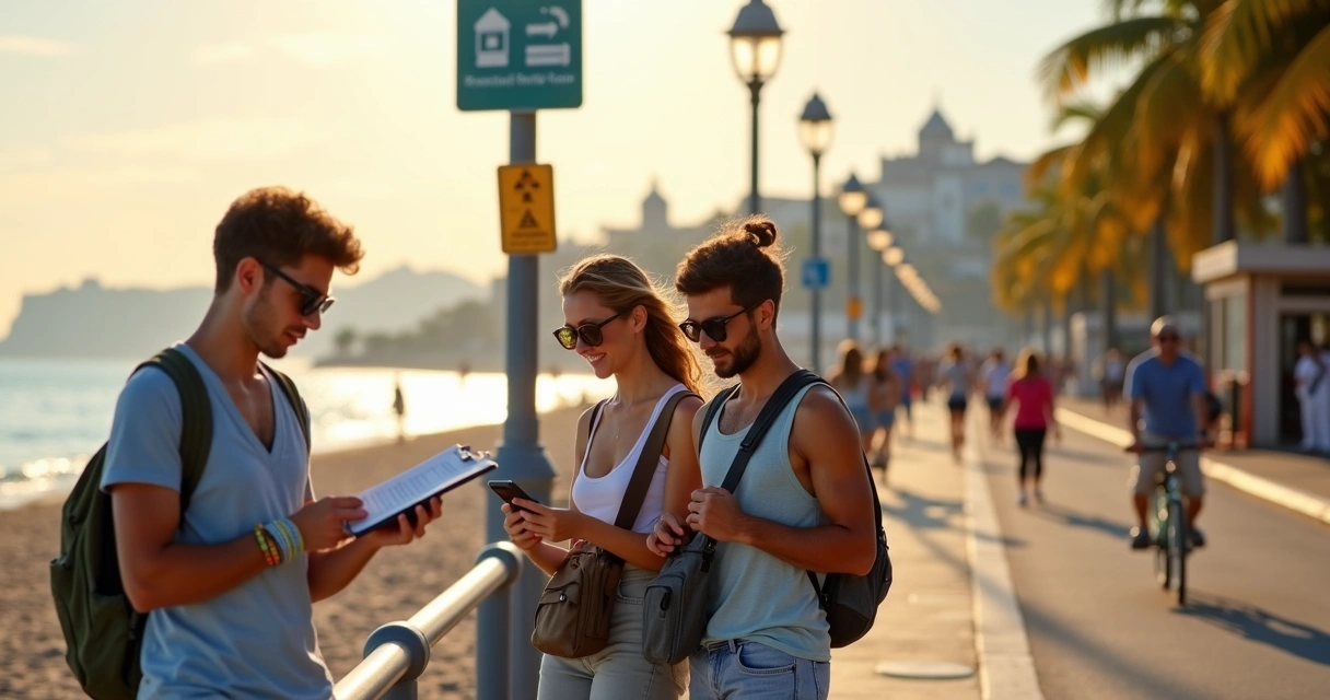 Casal de turistas consultando checklist de segurança na orla urbanizada de Ilhéus