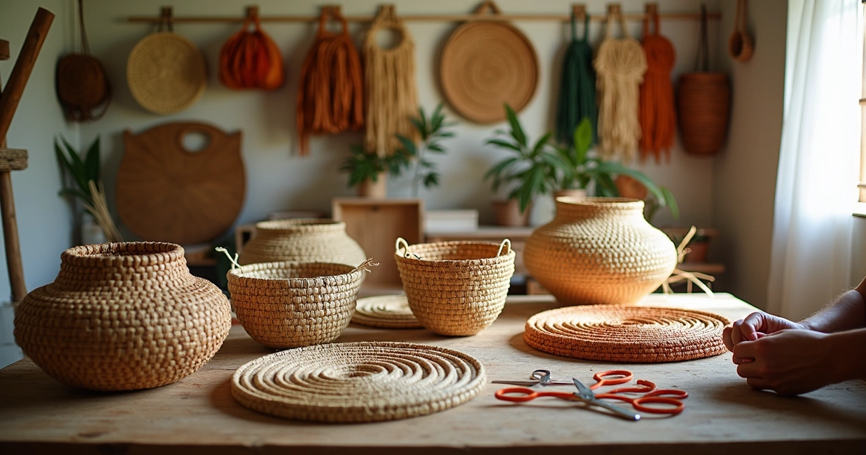Mesa de artesanato com cestas e peças feitas com fibras naturais