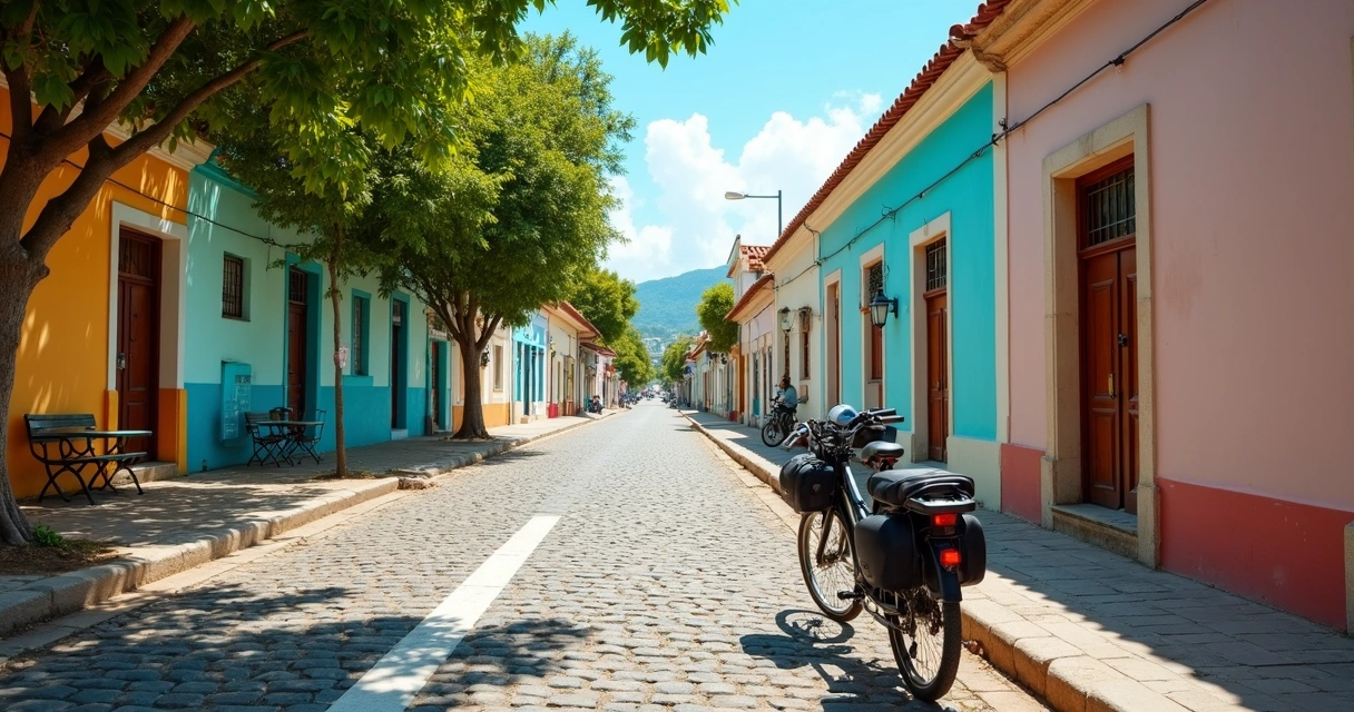 Ciclistas em rua histórica arborizada em Ilhéus