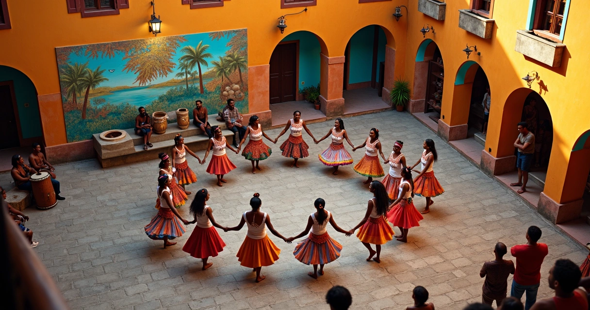 Roda de dança afro em centro cultural de Ilhéus com atabaques e murais coloridos ao fundo
