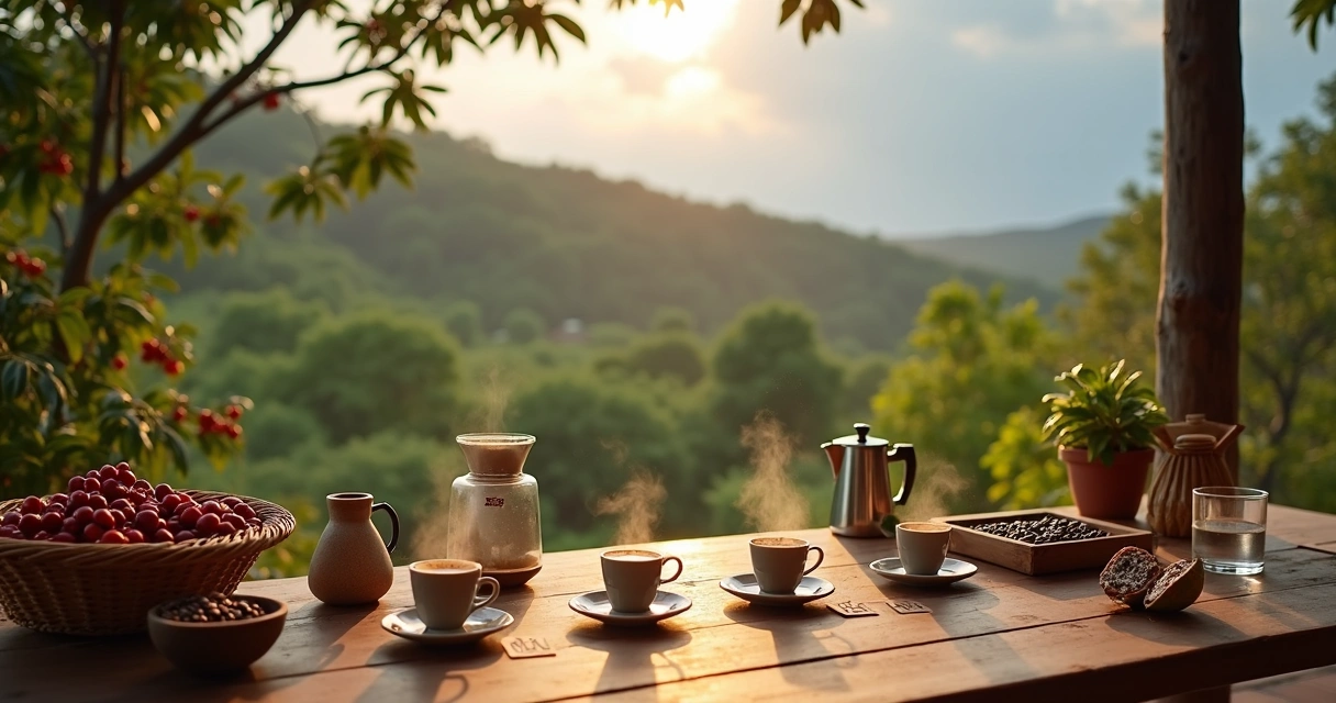 Mesa de degustação de café especial em fazenda no sul da Bahia com vegetação tropical ao fundo