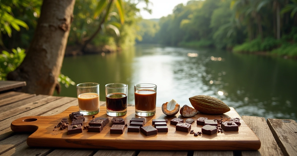 Bandeja de chocolates artesanais em deck de madeira com rio e vegetação tropical ao fundo