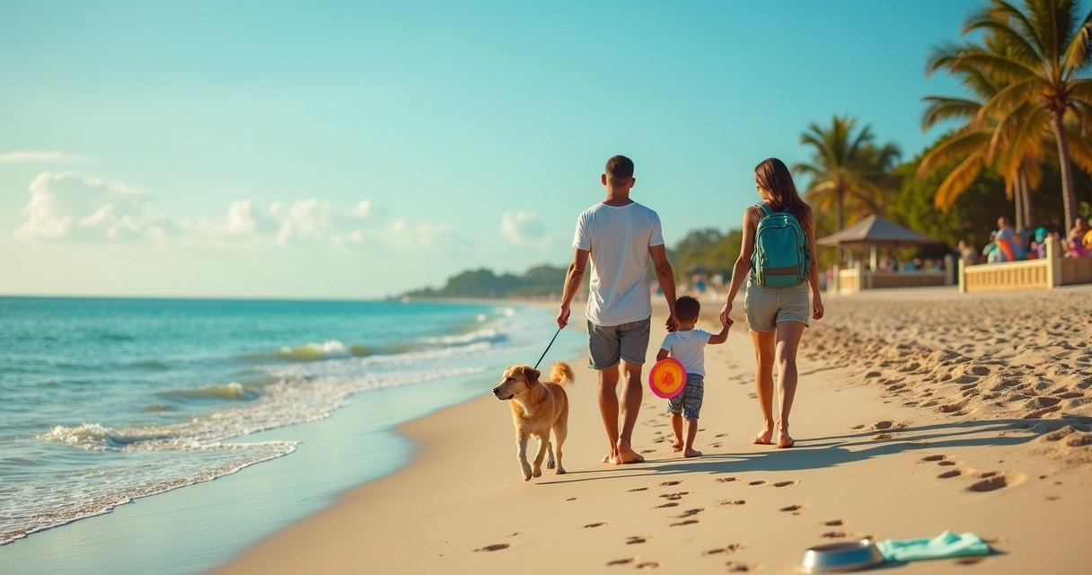 Família caminhando com cachorro na areia de praia tropical ao fundo